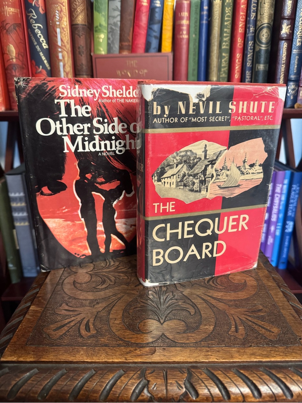 VINTAGE SIDNEY SHELDON & NEVIL SHUTE HARDCOVER BOOK SET — 2 BOOKS